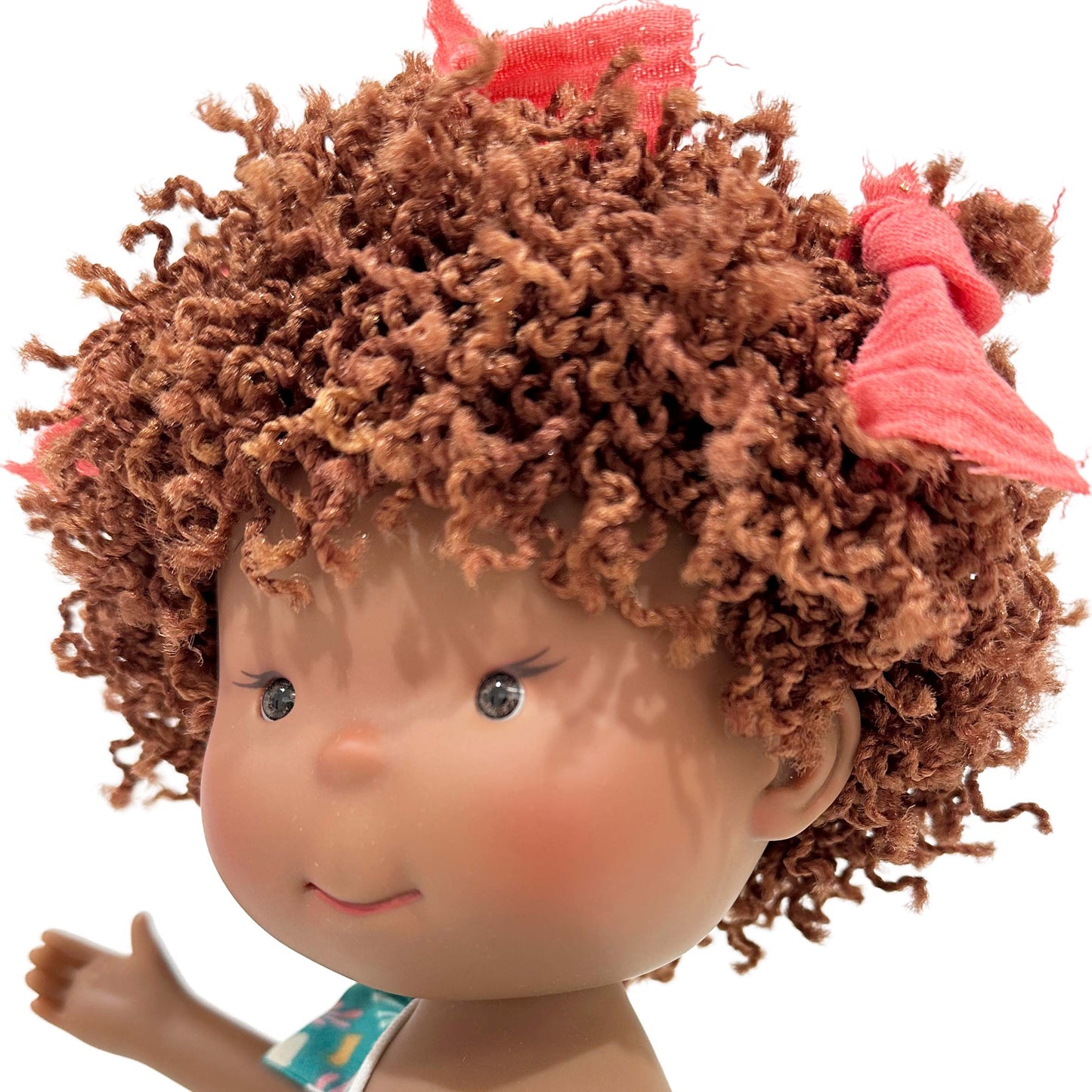 Pippa Doll - Curly Brunette with Blue Floral Dress
