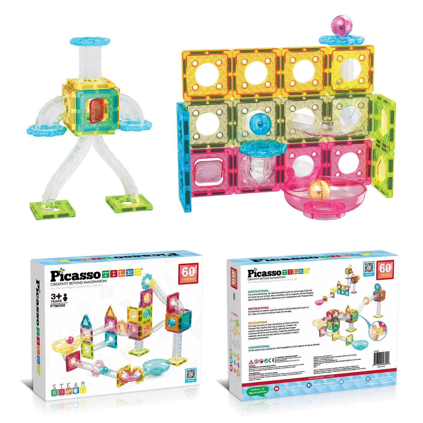 PicassoTiles 60pc Travel Size Marble Run Building Set