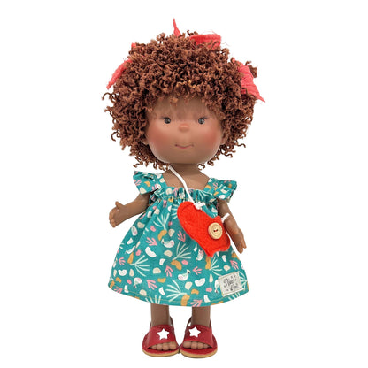 Pippa Doll - Curly Brunette with Blue Floral Dress