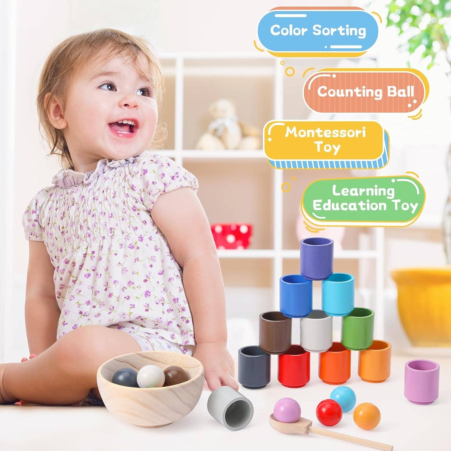 Rainbow Wooden Sorting Cups