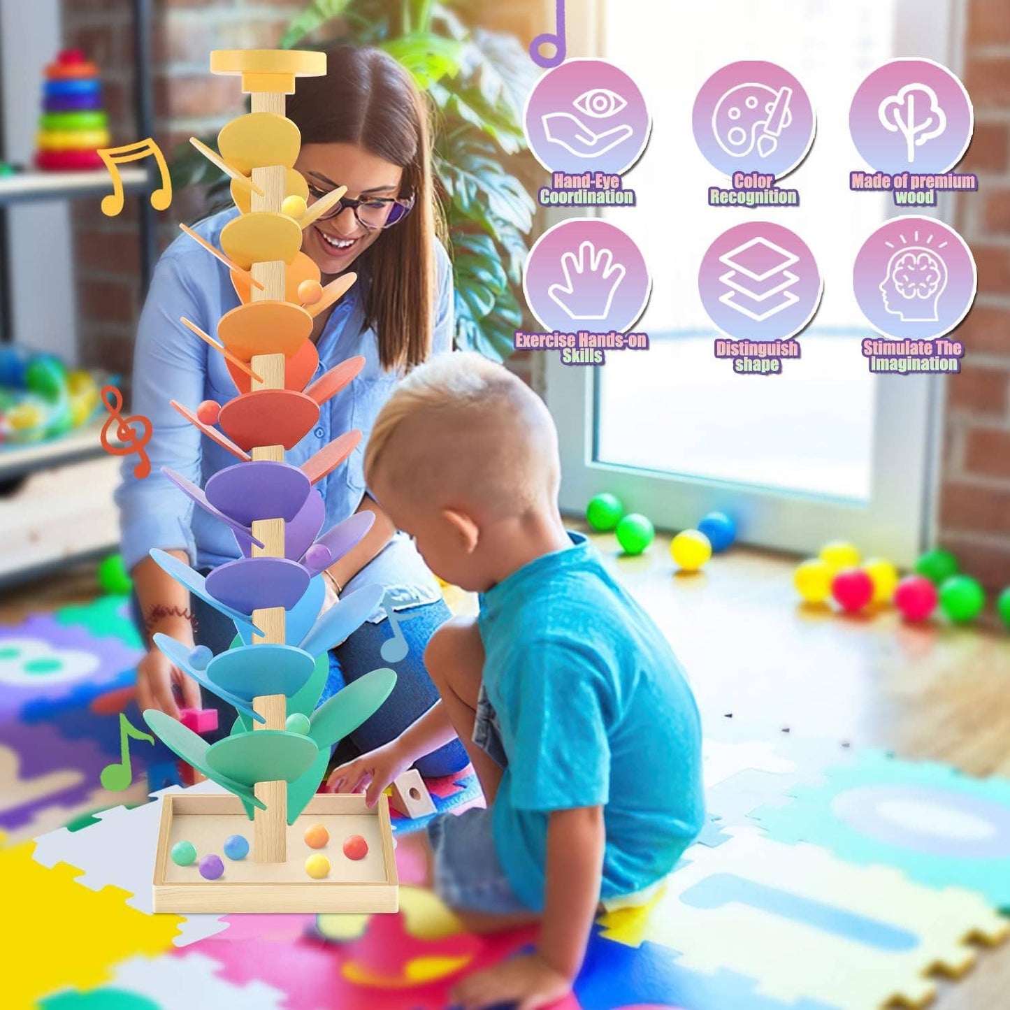 Montessori Wooden Rainbow Marble Run Music Tree
